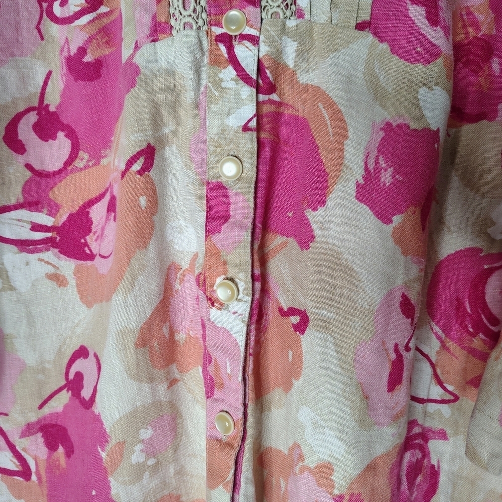 JM Collection Woman 100% Linen Floral Blouse Pink Orange Plus Size 24W Boho Top - Picture 5 of 16